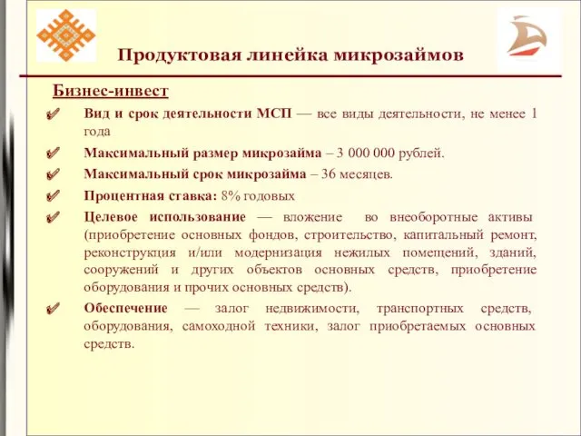 Продуктовая линейка микрозаймов Бизнес-инвест Вид и срок деятельности МСП —