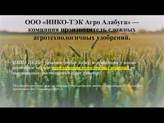 ООО «ИНКО-ТЭК Агро Алабуга» — компания производитель сложных агротехнологичных удобрений. НАША ЦЕЛЬ*: решение
