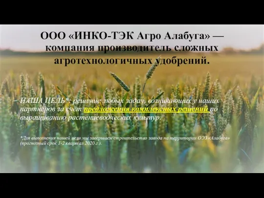 ООО «ИНКО-ТЭК Агро Алабуга» — компания производитель сложных агротехнологичных удобрений.