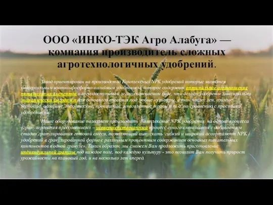 ООО «ИНКО-ТЭК Агро Алабуга» — компания производитель сложных агротехнологичных удобрений.