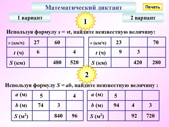 Математический диктант 1 вариант 2 вариант Используя формулу s =