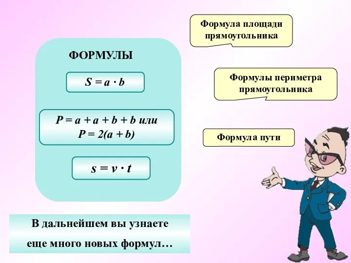 Формула площади прямоугольника Формулы периметра прямоугольника Формула пути В дальнейшем вы узнаете еще много новых формул…