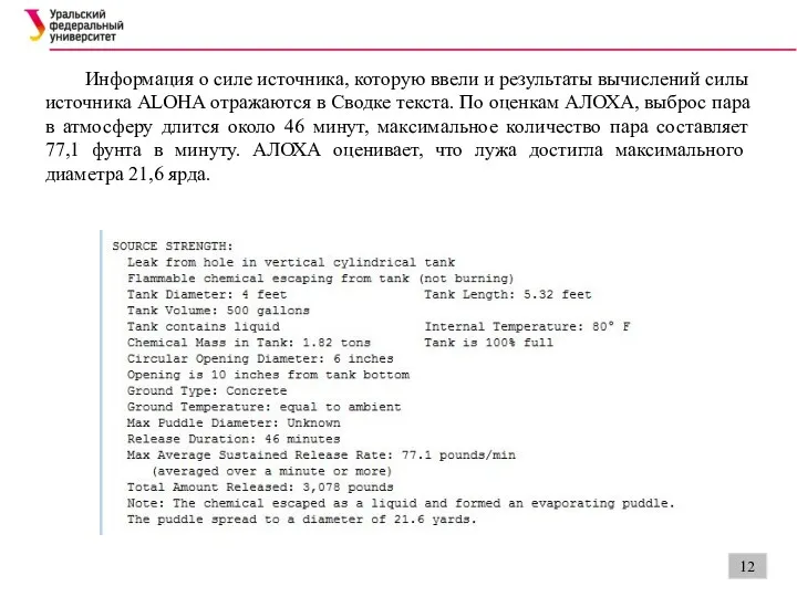 Информация о силе источника, которую ввели и результаты вычислений силы