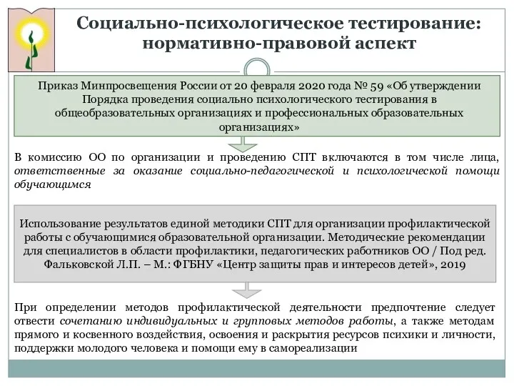 Социально-психологическое тестирование: нормативно-правовой аспект Приказ Минпросвещения России от 20 февраля