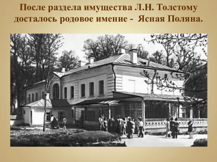 После раздела имущества Л.Н. Толстому досталось родовое имение - Ясная Поляна.