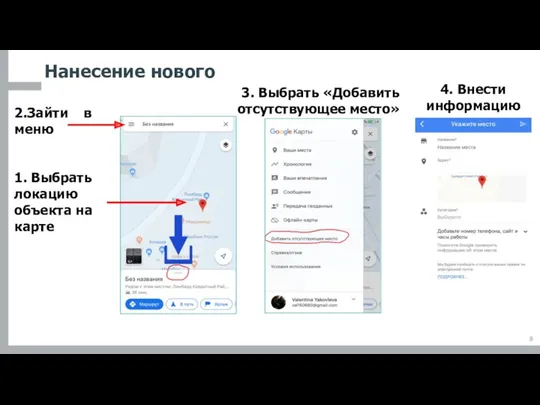 Нанесение нового 3. Выбрать «Добавить отсутствующее место» 1. Выбрать локацию