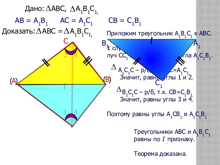 Приложим треугольник А1В1С1 к АВС. 1 случай: луч СС1 проходит