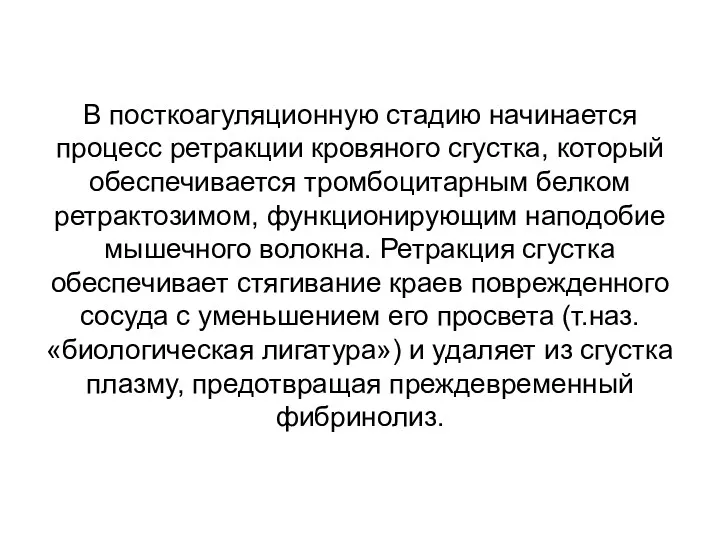 В посткоагуляционную стадию начинается процесс ретракции кровяного сгустка, который обеспечивается