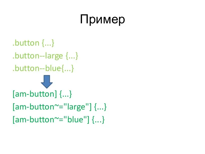 Пример .button {...} .button--large {...} .button--blue{...} [am-button] {...} [am-button~="large"] {...} [am-button~="blue"] {...}