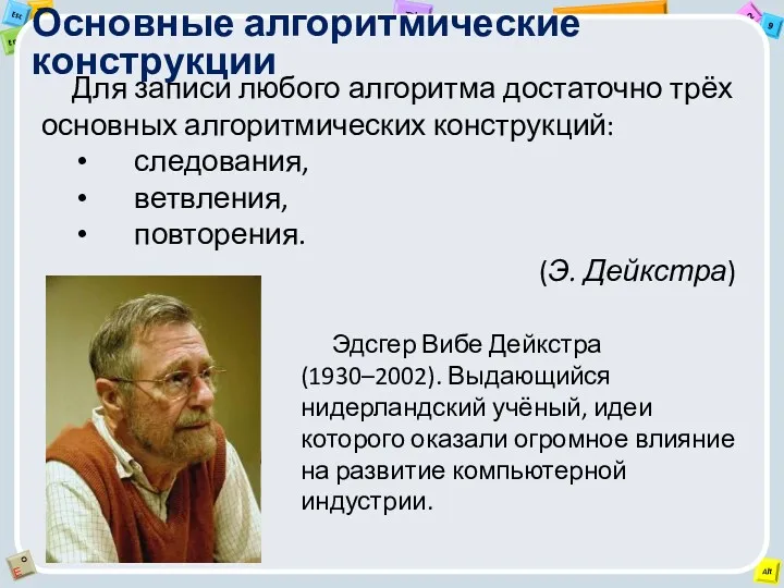 Основные алгоритмические конструкции Для записи любого алгоритма достаточно трёх основных