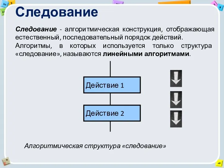 Следование Следование - алгоритмическая конструкция, отображающая естественный, последовательный порядок действий.