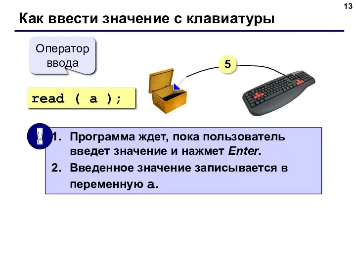 Как ввести значение с клавиатуры read ( a ); Оператор ввода 5