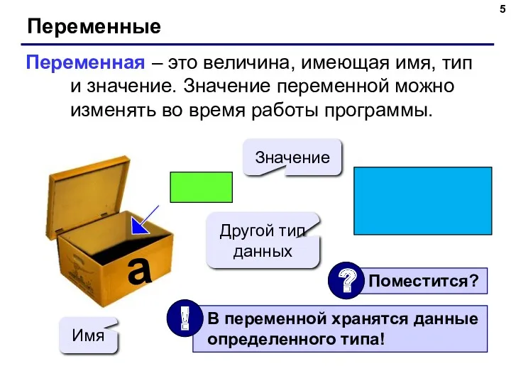 Переменные Переменная – это величина, имеющая имя, тип и значение.