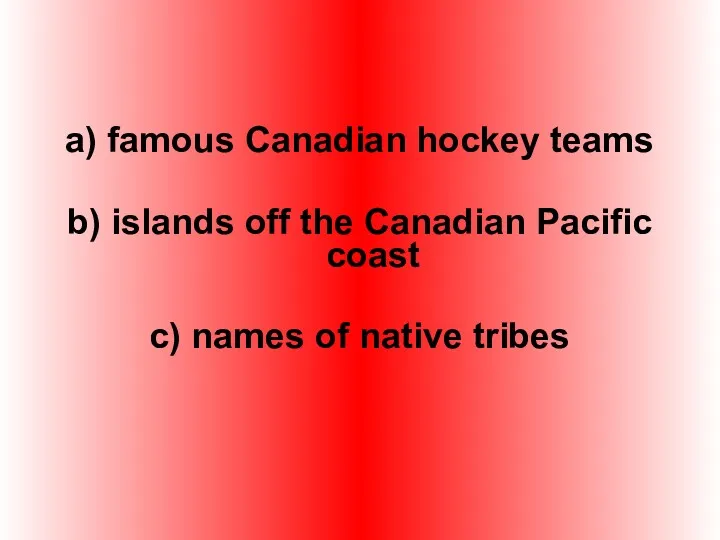 a) famous Canadian hockey teams b) islands off the Canadian