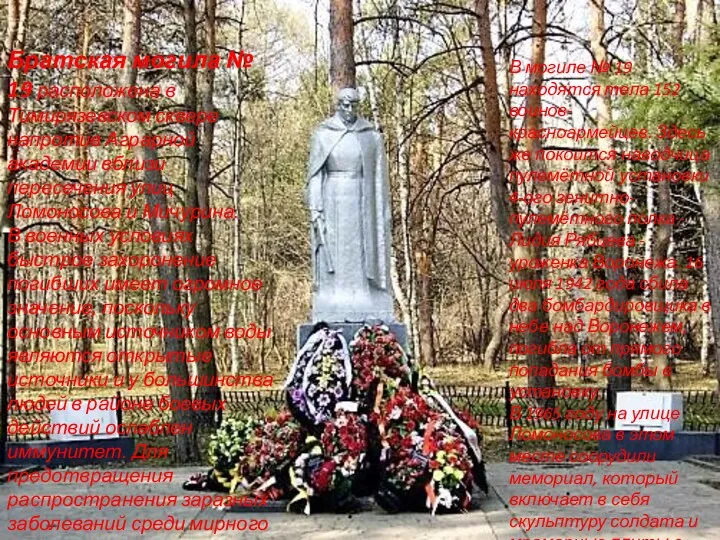 Братская могила № 19 расположена в Тимирязевском сквере напротив Аграрной