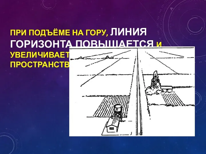 ПРИ ПОДЪЁМЕ НА ГОРУ, ЛИНИЯ ГОРИЗОНТА ПОВЫШАЕТСЯ И УВЕЛИЧИВАЕТСЯ ОБОЗРЕВАЕМОЕ ПРОСТРАНСТВО