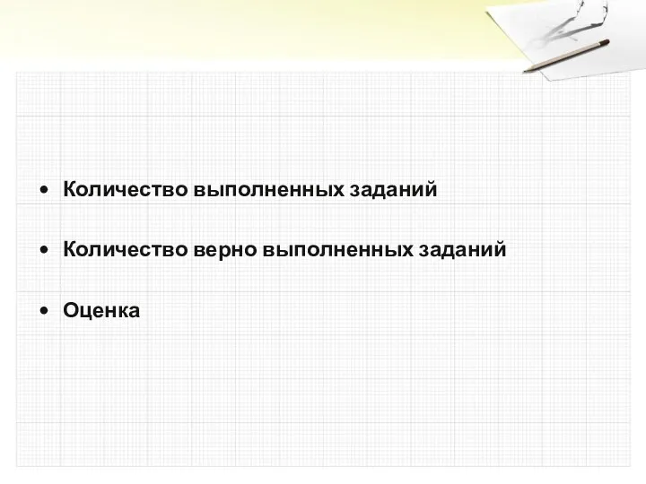 Количество выполненных заданий Количество верно выполненных заданий Оценка