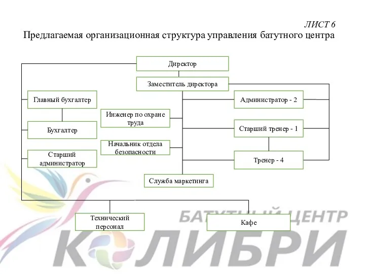 Предлагаемая организационная структура управления батутного центра ЛИСТ 6 Директор Заместитель