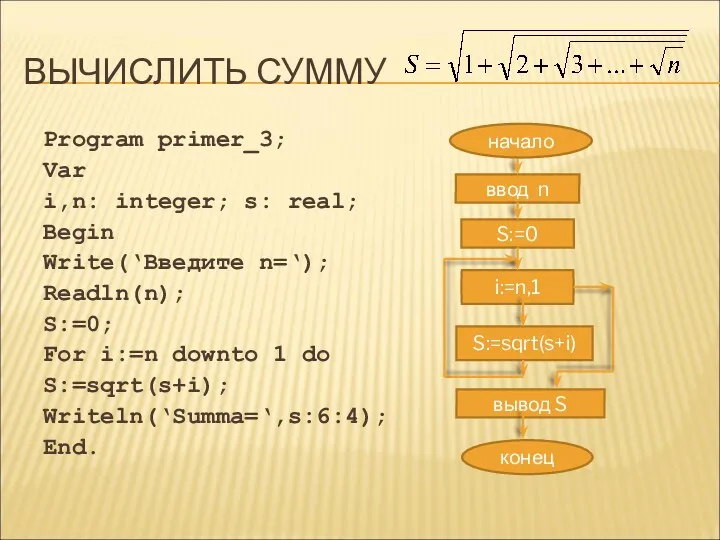 ВЫЧИСЛИТЬ СУММУ Program primer_3; Var i,n: integer; s: real; Begin Write(‘Введите n=‘); Readln(n);