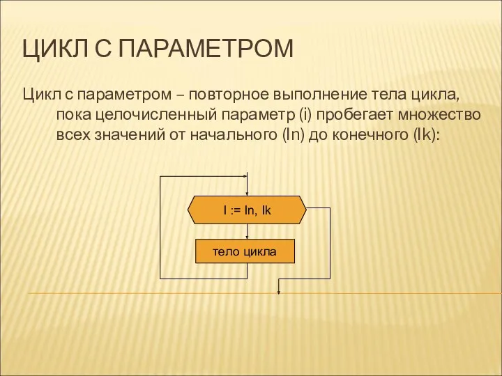 ЦИКЛ С ПАРАМЕТРОМ Цикл с параметром – повторное выполнение тела цикла, пока целочисленный