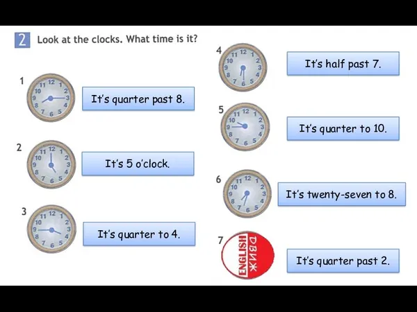 It’s quarter past 8. It’s 5 o’clock. It’s quarter to 4. It’s half
