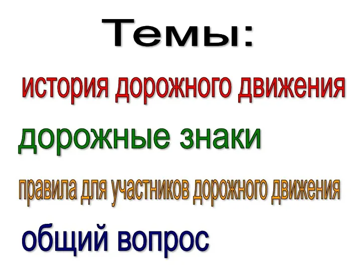 Темы: история дорожного движения дорожные знаки правила для участников дорожного движения общий вопрос