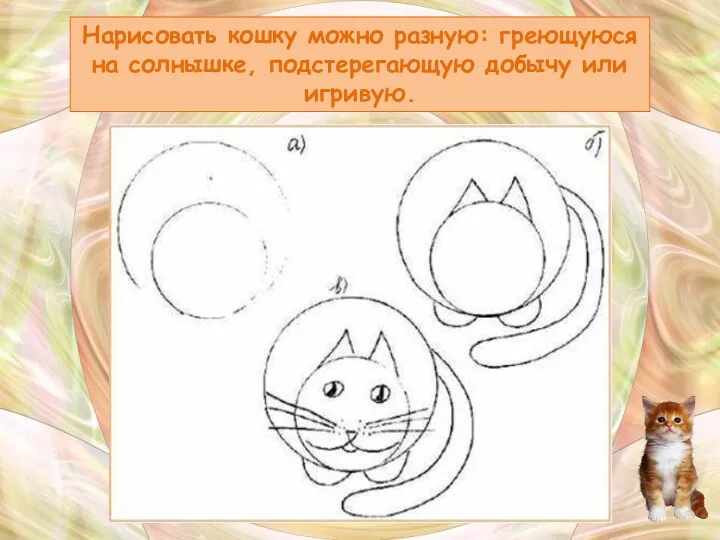 Нарисовать кошку можно разную: греющуюся на солнышке, подстерегающую добычу или игривую.