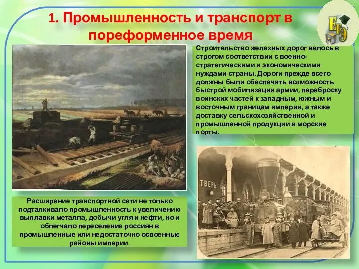 1. Промышленность и транспорт в пореформенное время За 1865—1890-е гг. железнодорожная сеть страны