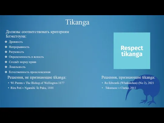 Tikanga Должны соответствовать критериям Блэкстоуна: Древность Непрерывность Разумность Определенность и
