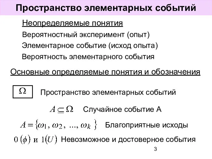 Пространство элементарных событий Неопределяемые понятия Вероятностный эксперимент (опыт) Элементарное событие