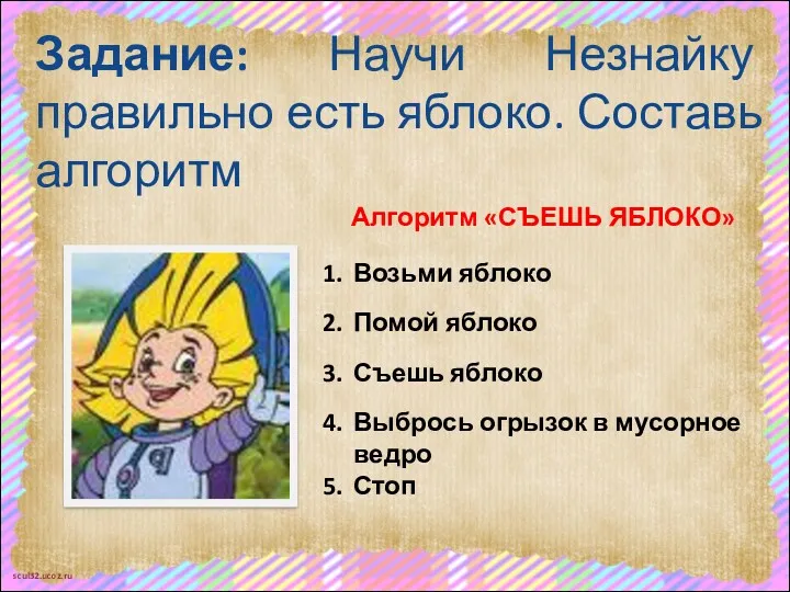 Задание: Научи Незнайку правильно есть яблоко. Составь алгоритм Алгоритм «СЪЕШЬ ЯБЛОКО» 1. 2.