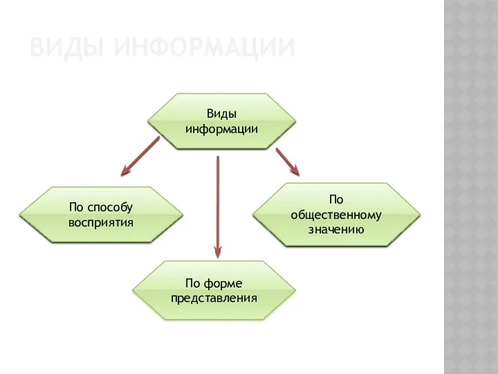 ВИДЫ ИНФОРМАЦИИ Виды информации По способу восприятия По форме представления По общественному значению