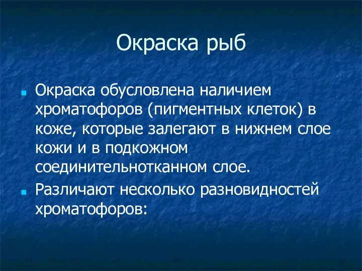 Окраска рыб Окраска обусловлена наличием хроматофоров (пигментных клеток) в коже,