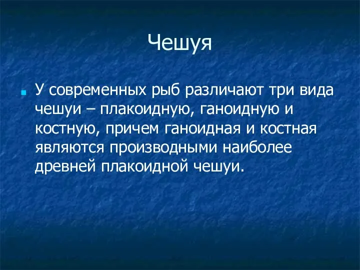 Чешуя У современных рыб различают три вида чешуи – плакоидную,