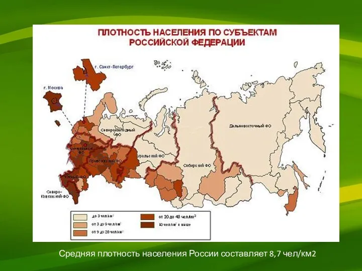 Средняя плотность населения России составляет 8,7 чел/км2