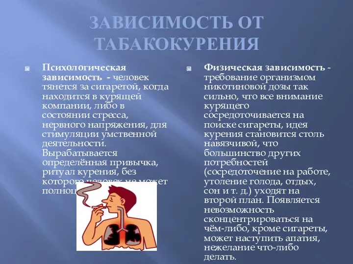 ЗАВИСИМОСТЬ ОТ ТАБАКОКУРЕНИЯ Психологическая зависимость - человек тянется за сигаретой,