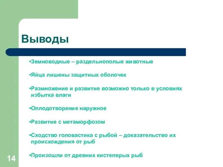 Выводы Земноводные – раздельнополые животные Яйца лишены защитных оболочек Размножение