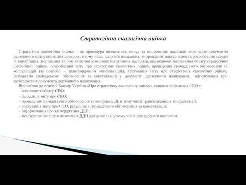 Стратегічна екологічна оцінка – це процедура визначення, опису та оцінювання