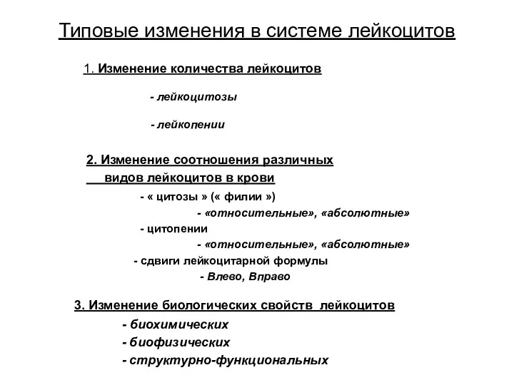 Типовые изменения в системе лейкоцитов 1. Изменение количества лейкоцитов -