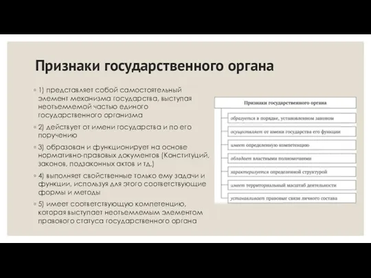 Признаки государственного органа 1) представляет собой самостоятельный элемент механизма государства,