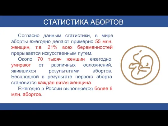 Согласно данным статистики, в мире аборты ежегодно делают примерно 55