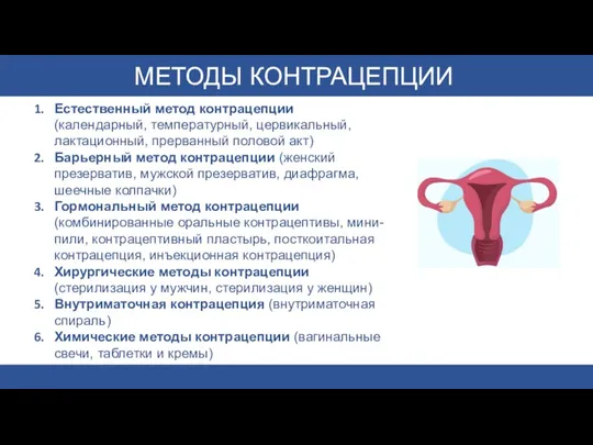 МЕТОДЫ КОНТРАЦЕПЦИИ Естественный метод контрацепции (календарный, температурный, цервикальный, лактационный, прерванный