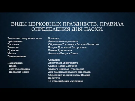 ВИДЫ ЦЕРКОВНЫХ ПРАЗДНЕСТВ. ПРАВИЛА ОПРЕДЕЛЕНИЯ ДНЯ ПАСХИ. Выделяют следующие виды праздников: Пасхалия Большие