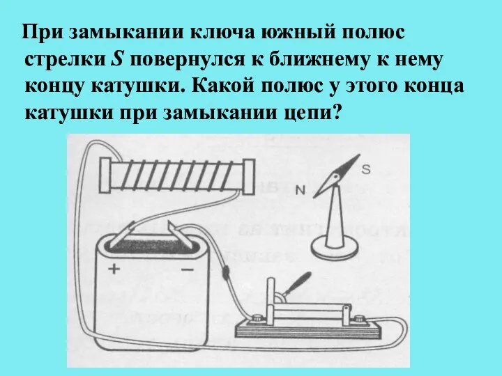 При замыкании ключа южный полюс стрелки S повернулся к ближнему