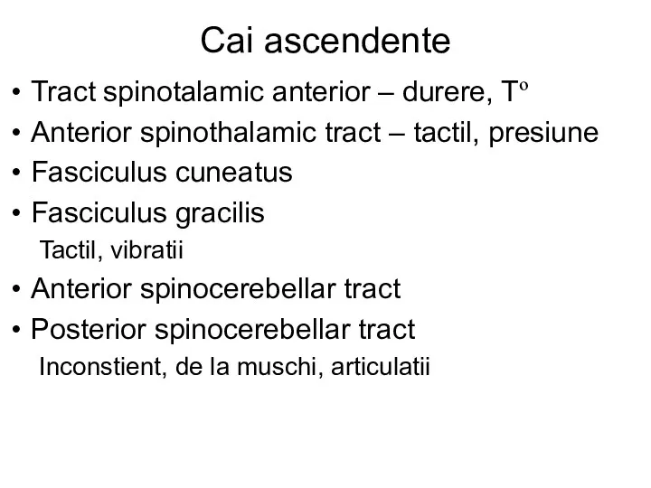 Cai ascendente Tract spinotalamic anterior – durere, Tº Anterior spinothalamic tract – tactil,