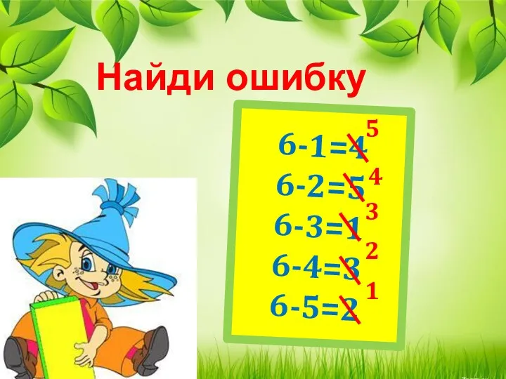 Найди ошибку 6-1=4 6-2=5 6-3=1 6-4=3 6-5=2 5 4 3 2 1