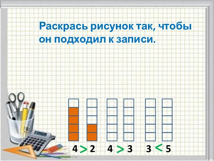 4 2 4 3 3 5 Раскрась рисунок так, чтобы он подходил к записи.