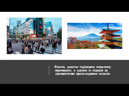 Японія, маючи порівняно невелику територію, є одним із лідерів за протяжністю транспортних шляхів.