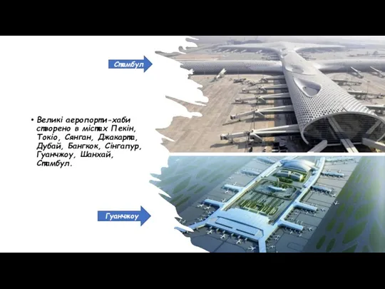 Великі аеропорти-хаби створено в містах Пекін, Токіо, Сянган, Джакарта, Дубай,