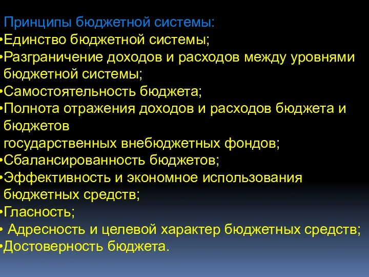 Принципы бюджетной системы: Единство бюджетной системы; Разграничение доходов и расходов